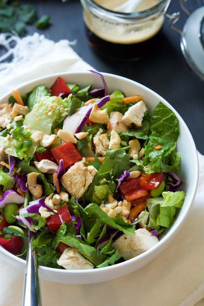This simple chopped Crispy Thai Cashew Chicken Salad has robust flavors of soy, honey, peanut butter, ginger and red pepper flakes. Then tossed with chicken and fresh vegetables, topped with cilantro, green onions and crunch cashews! 
