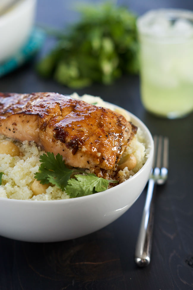 agave chipotle glazed salmon with macadamia cauliflower rice