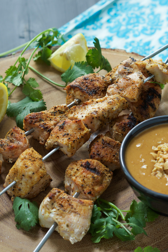 garlic chicken skewers with szechuan peanut sauce