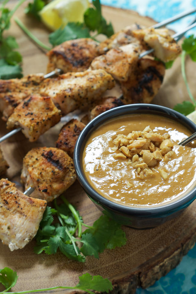 garlic chicken skewers with szechuan peanut sauce