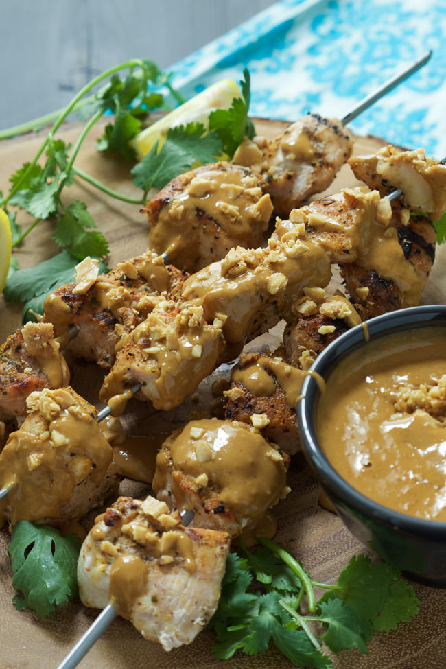 garlic chicken skewers with szechuan peanut sauce
